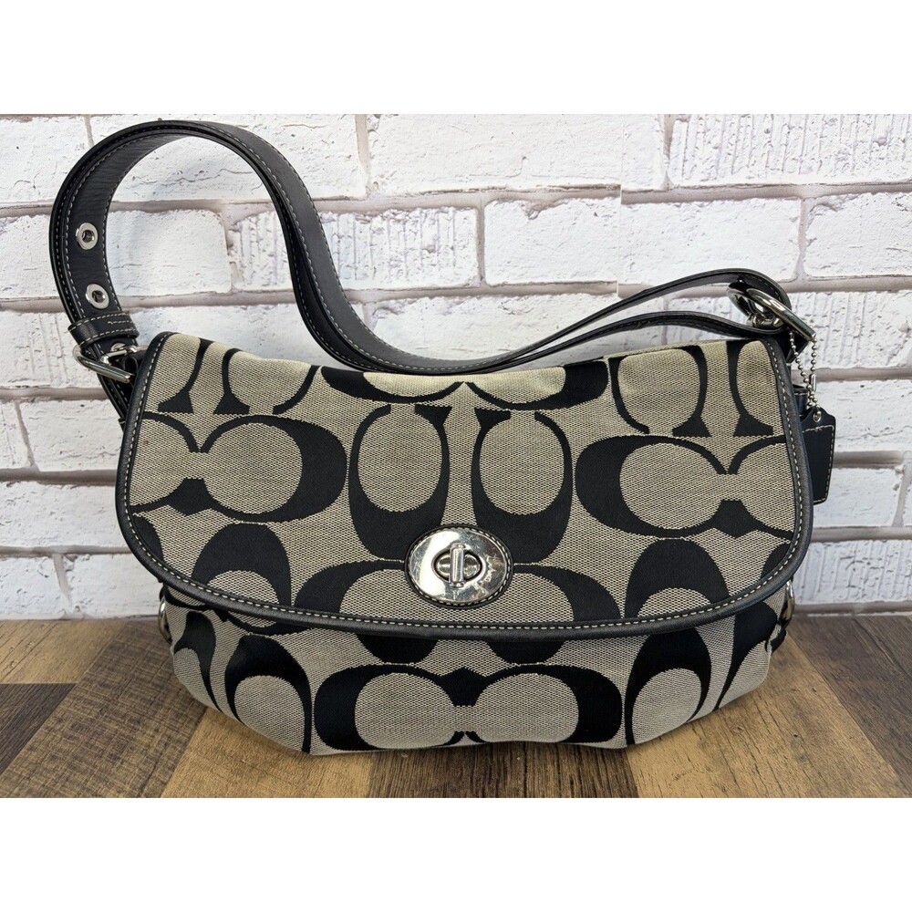 Coach Signature Canvas Turnlock Bag Beige Black Leather Buckle Strap F15171 Y2K